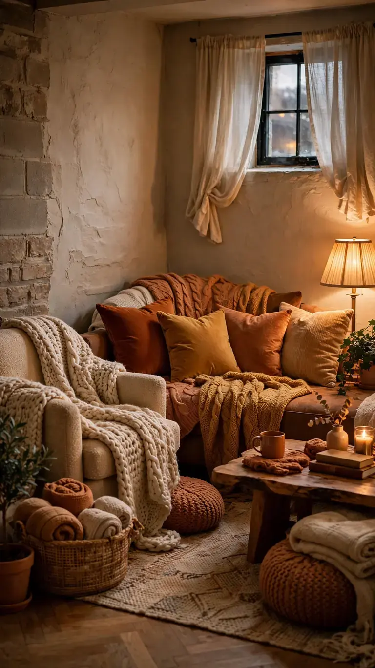 19 Small Basement Ideas to Make the Most of Any Space 20 Basement seating piled with cozy textiles, knit throws, velvet cushions, and curtains.