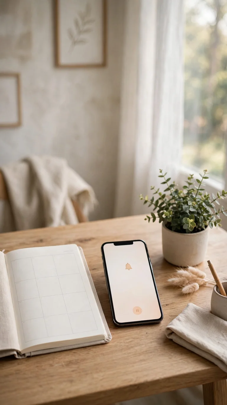 Smartphone with a clear reminder alarm on a tidy desk beside a planner.