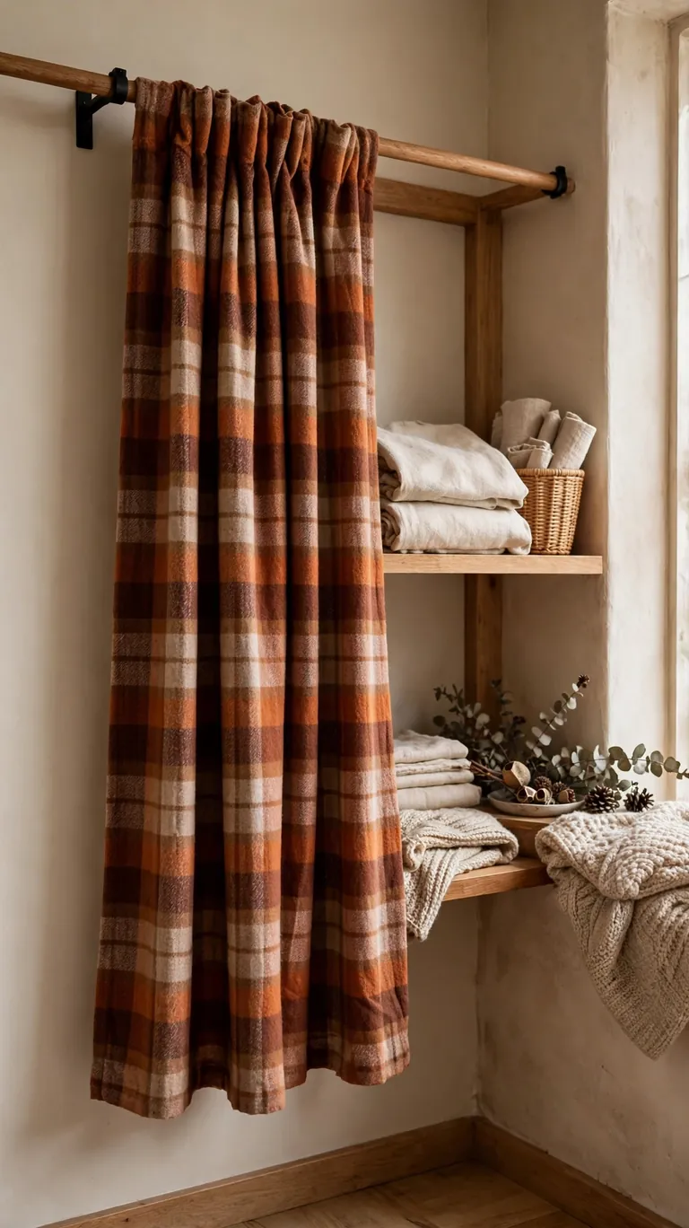 22 Creative Closet Curtain Ideas for a Stylish, Space-Saving Upgrade 21 Cozy flannel closet curtain in warm plaid hung for winter beside a folded linen panel stored on a shelf.