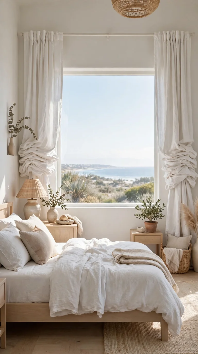 White curtains hung wide and high making a coastal bedroom window look taller.