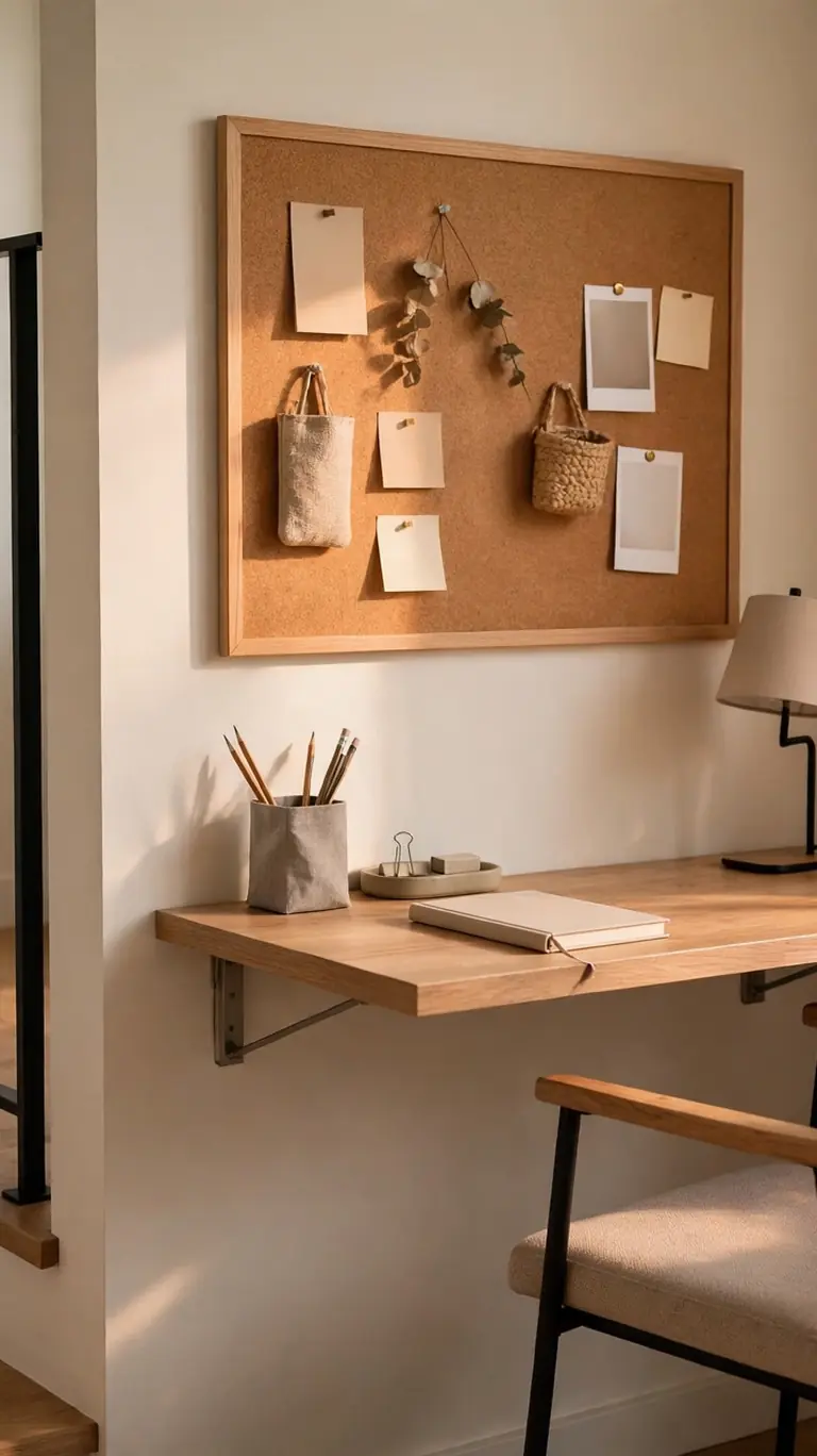 Slim wall-mounted folding desk with a tucked-in chair, a small lamp, a pencil cup, and a corkboard with pinned notes above, forming a tidy homework station.