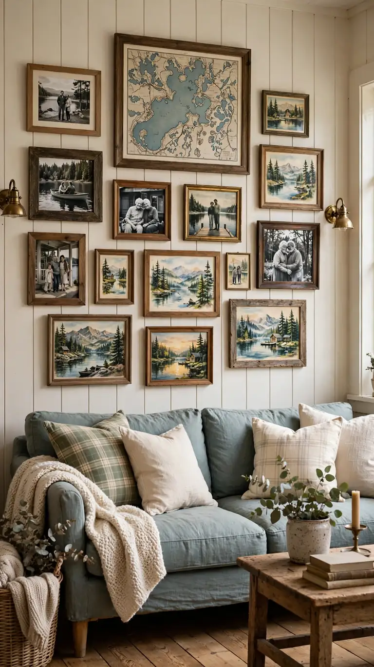 21 Small Lake Cottage Interior Design Ideas That Feel Cozy and Inviting 21 Gallery wall of family photos, vintage lake postcards, and a framed lake map above a cottage sofa.