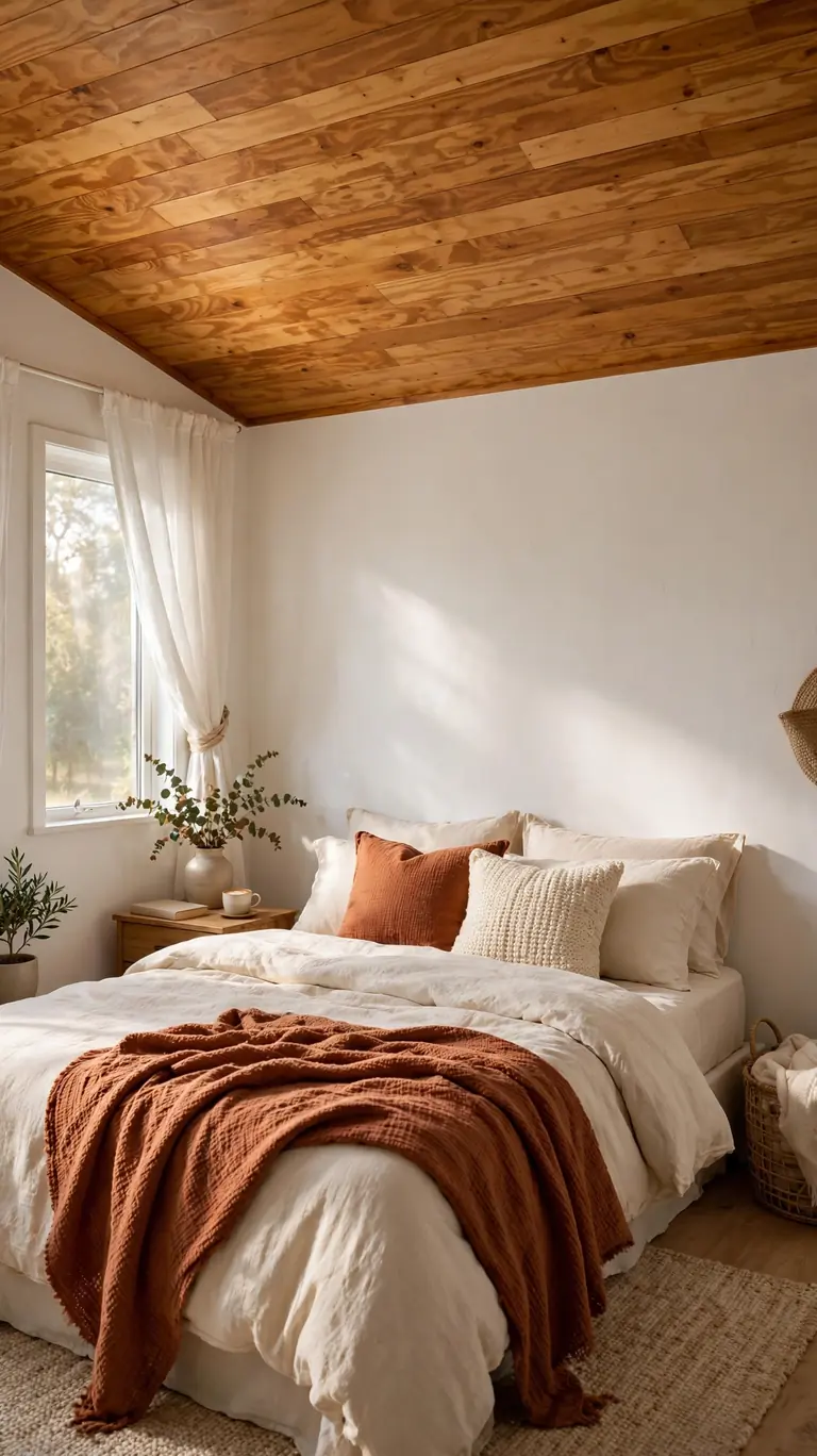 Cozy bedroom with a honey-toned stained plywood plank ceiling and layered cream and rust bedding.