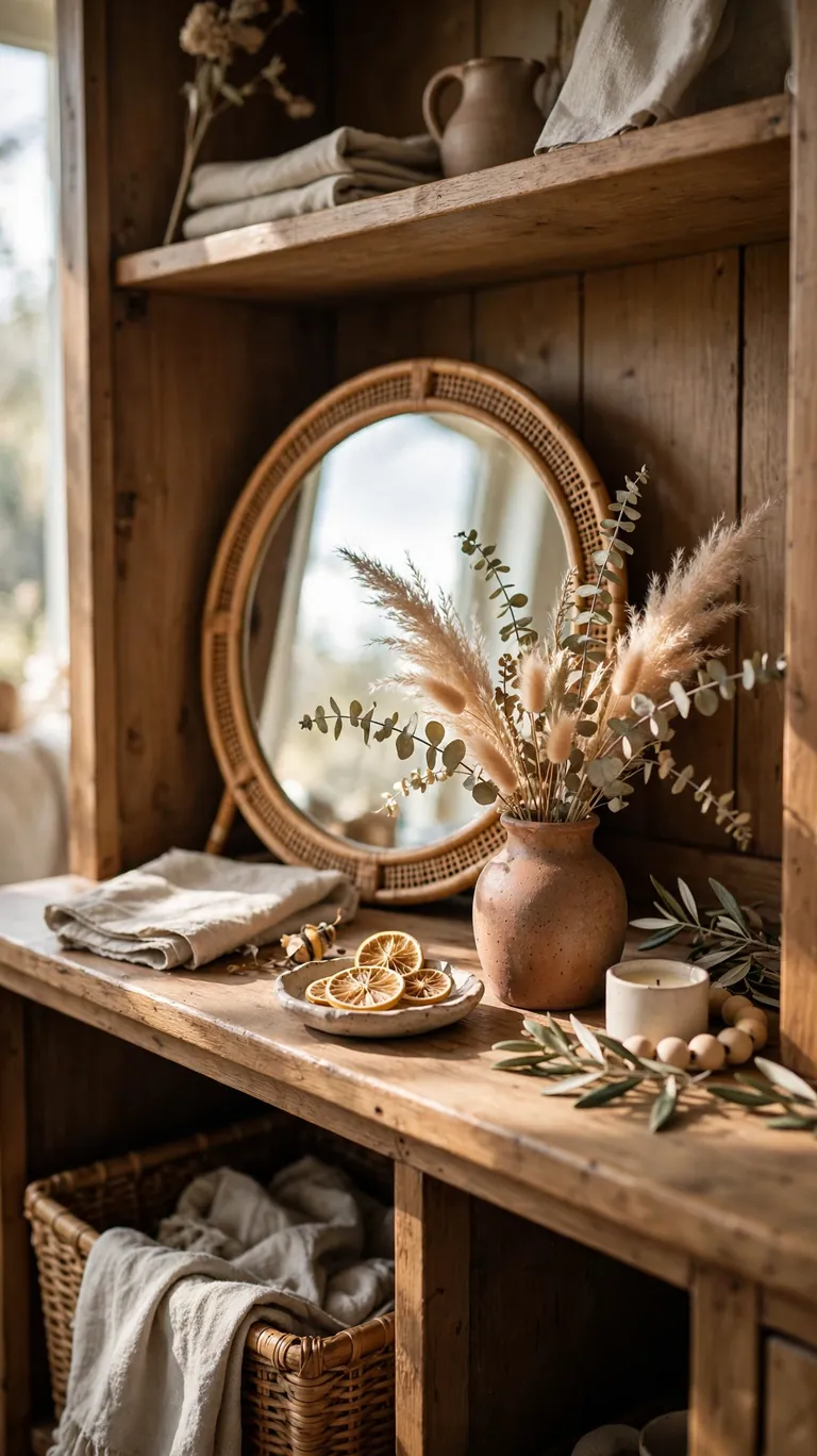 Small round mirror leaned against the back of a hutch shelf reflecting light behind a vase.