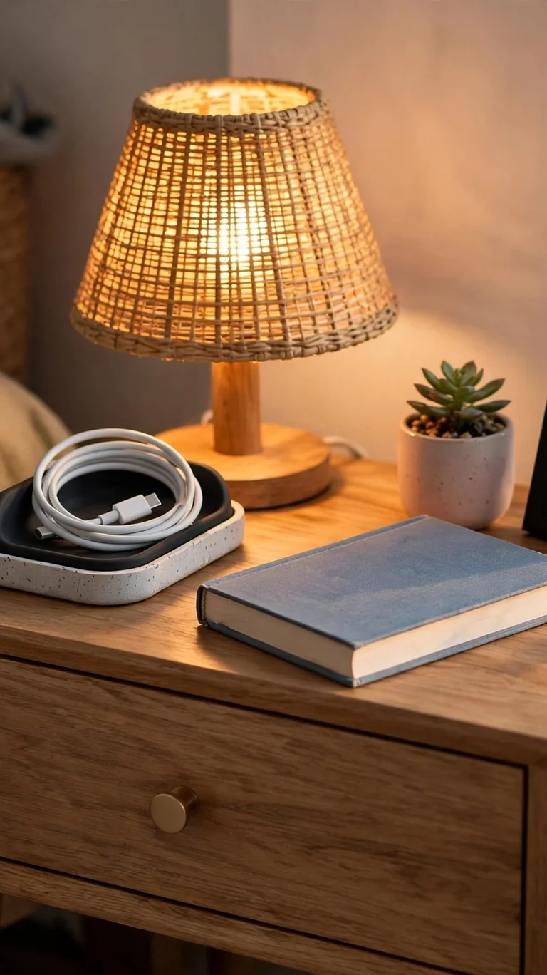 Teen nightstand with a warm table lamp, charging tray, book, and small plant.