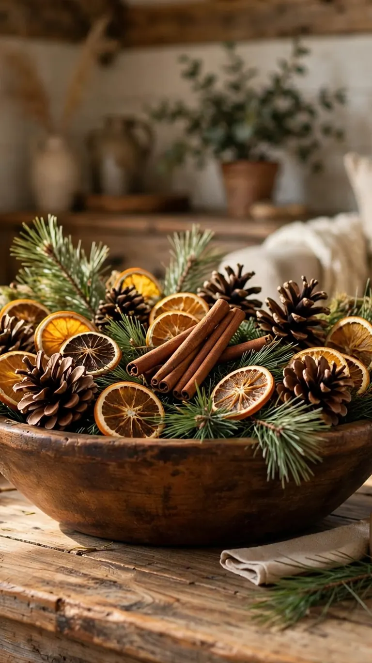 Wooden dough bowl filled with fresh pine clippings, cinnamon sticks, dried orange slices, and pinecones on a coffee table.