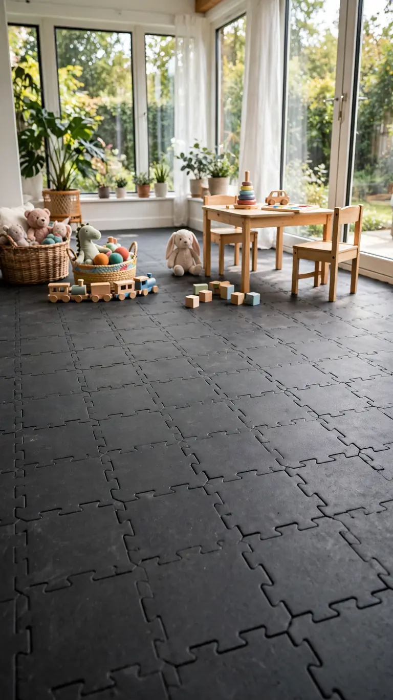 Sunroom with interlocking rubber floor tiles in dark gray, a play area with toys and a small table.