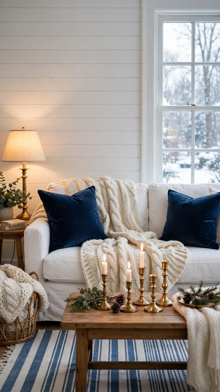 Blue and white living room styled for winter with navy velvet pillows and knit throws.