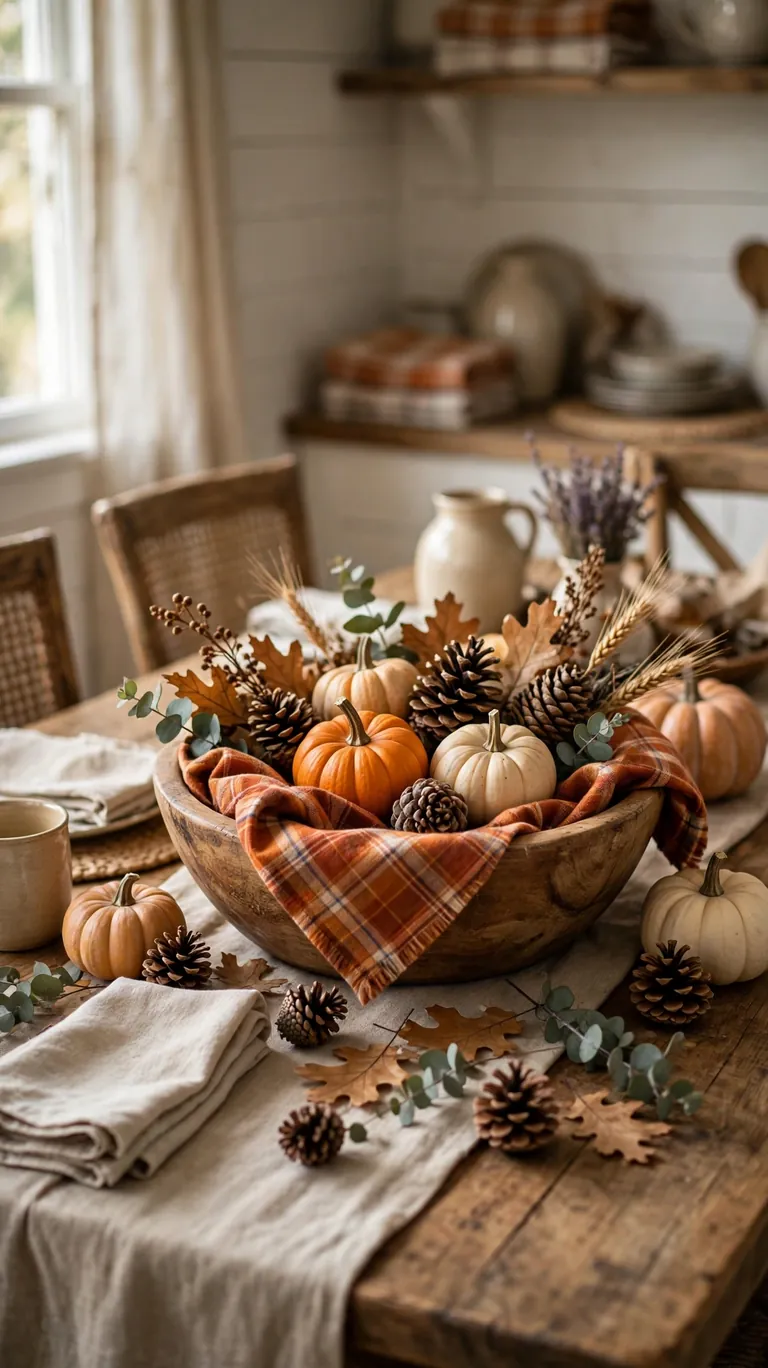 Farmhouse dining table styled with a fall centerpiece of pumpkins, pinecones, and warm plaid in a wooden dough bowl.
