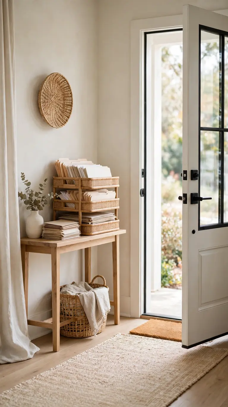 Three sorting trays for action, file, and recycle papers near the door.