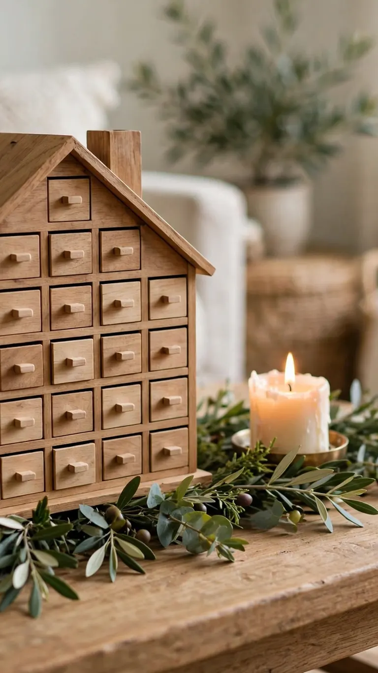 Wooden house-shaped advent calendar with little drawers standing on a coffee table beside a small candle.