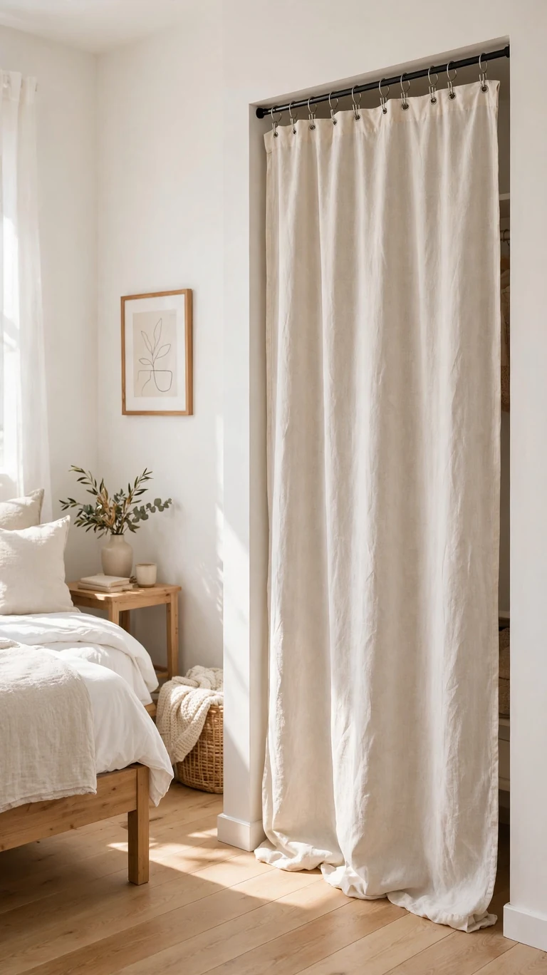 22 Creative Closet Curtain Ideas for a Stylish, Space-Saving Upgrade 22 Pretty flat sheet clipped to curtain rings serving as a closet curtain in a bright simple bedroom.