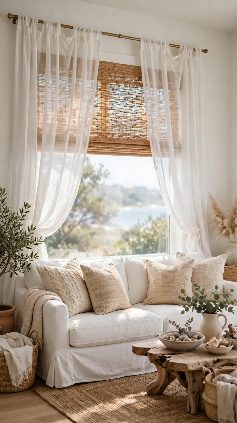 Layered sheer white curtains over natural woven wood shades in a designer coastal living room.