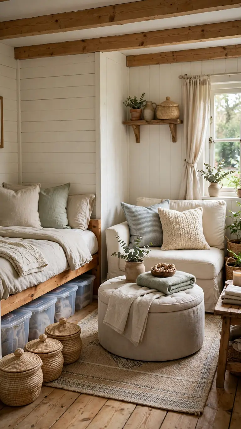 21 Small Lake Cottage Interior Design Ideas That Feel Cozy and Inviting 22 Tidy small cottage living room with lidded baskets, a storage ottoman, and under-bed bins keeping clutter out of sight.