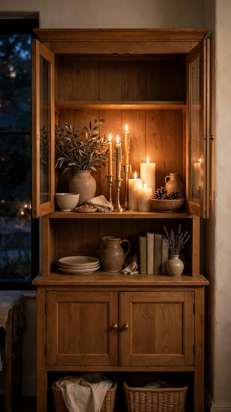 Hutch shelf styled with grouped pillar and taper candles glowing warmly in the evening.