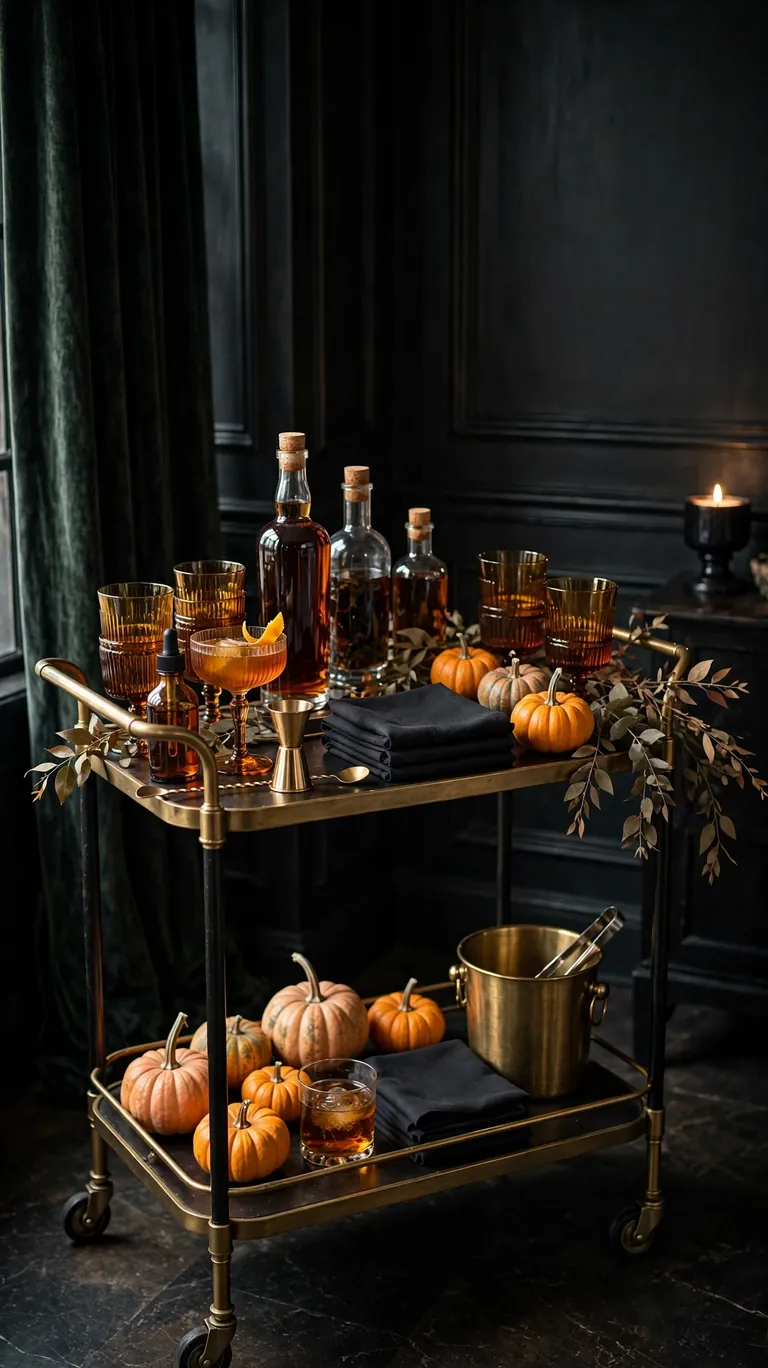 25 Stylish Halloween Decor Ideas That Are Chic, Not Cheesy 22 A Moody Fall Bar Cart