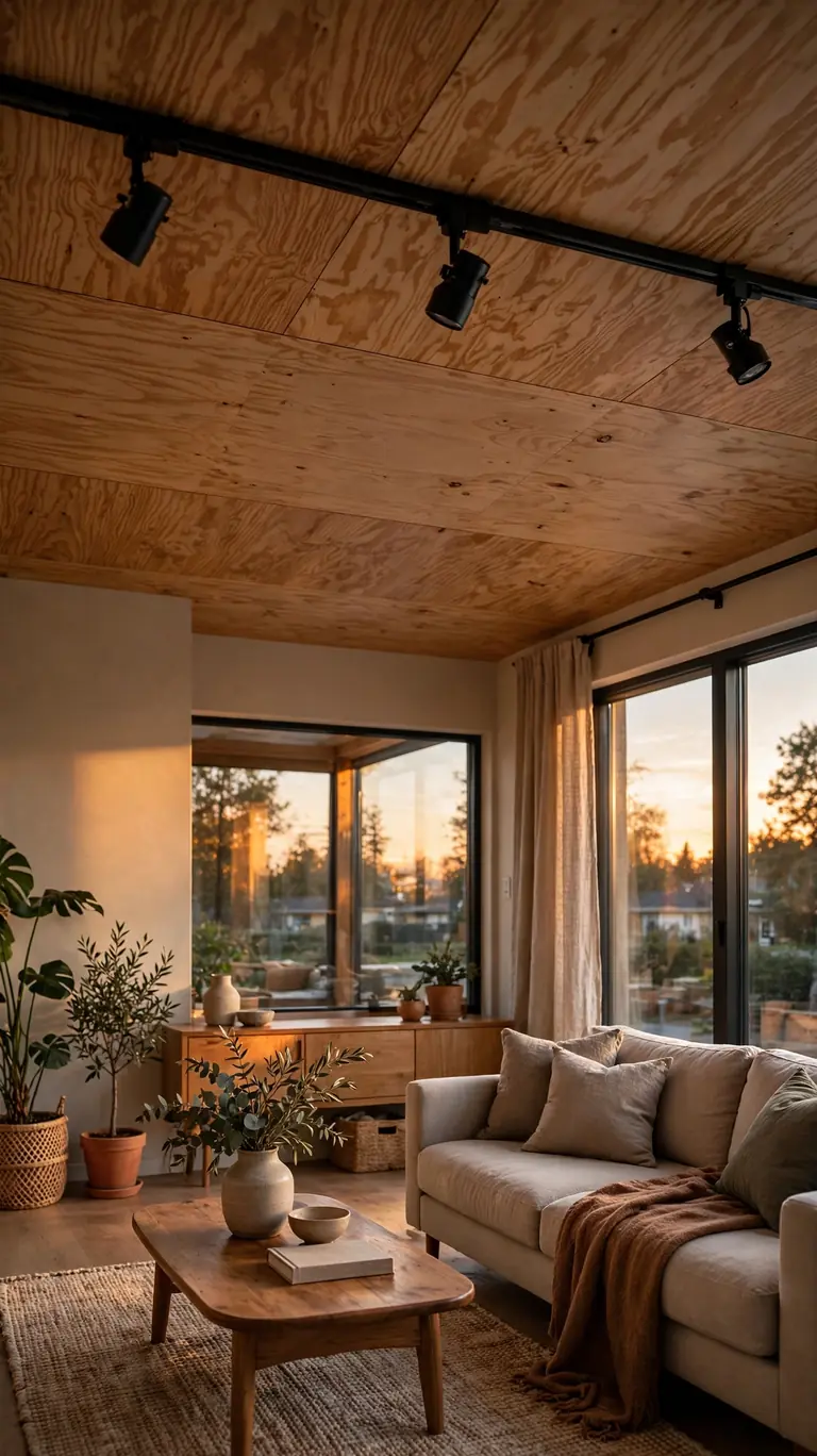 Living room with a natural plywood plank ceiling and black track lighting with aimed spot heads.
