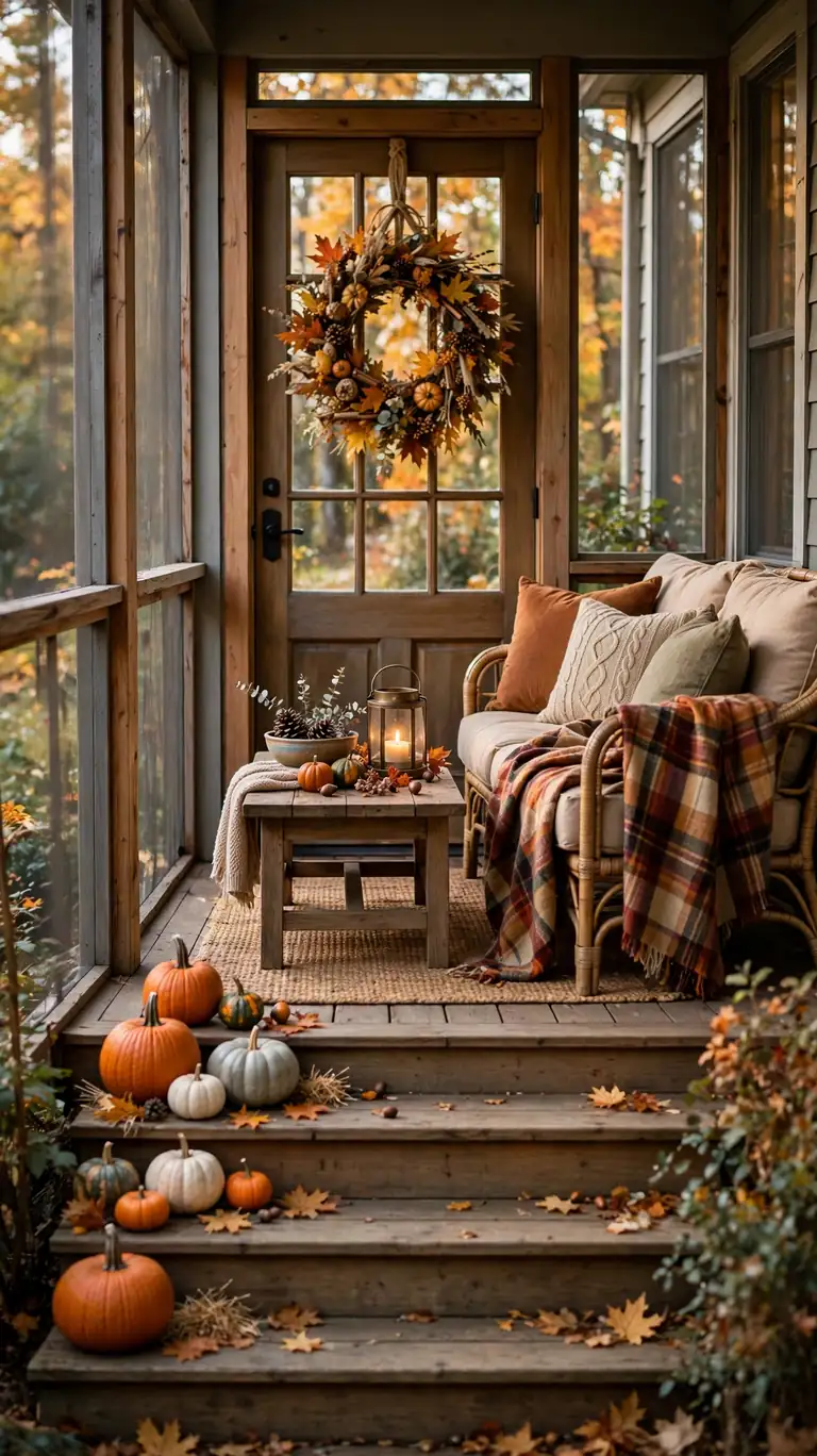Screened porch decorated for fall with pumpkins on the steps, a plaid throw on the sofa, and a wreath on the door.