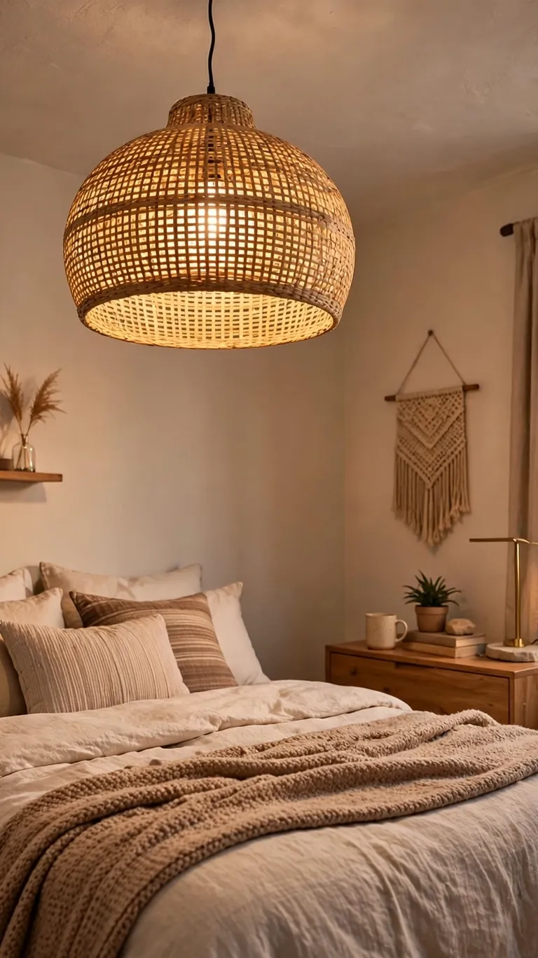 Woven rattan pendant light casting a warm glow over a teen bedroom.