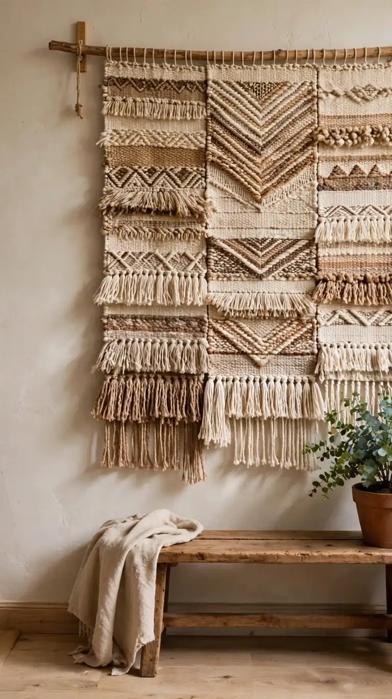 Large woven textile wall hanging in warm neutrals on a wooden dowel, with a rustic bench and a potted plant below in soft natural light.