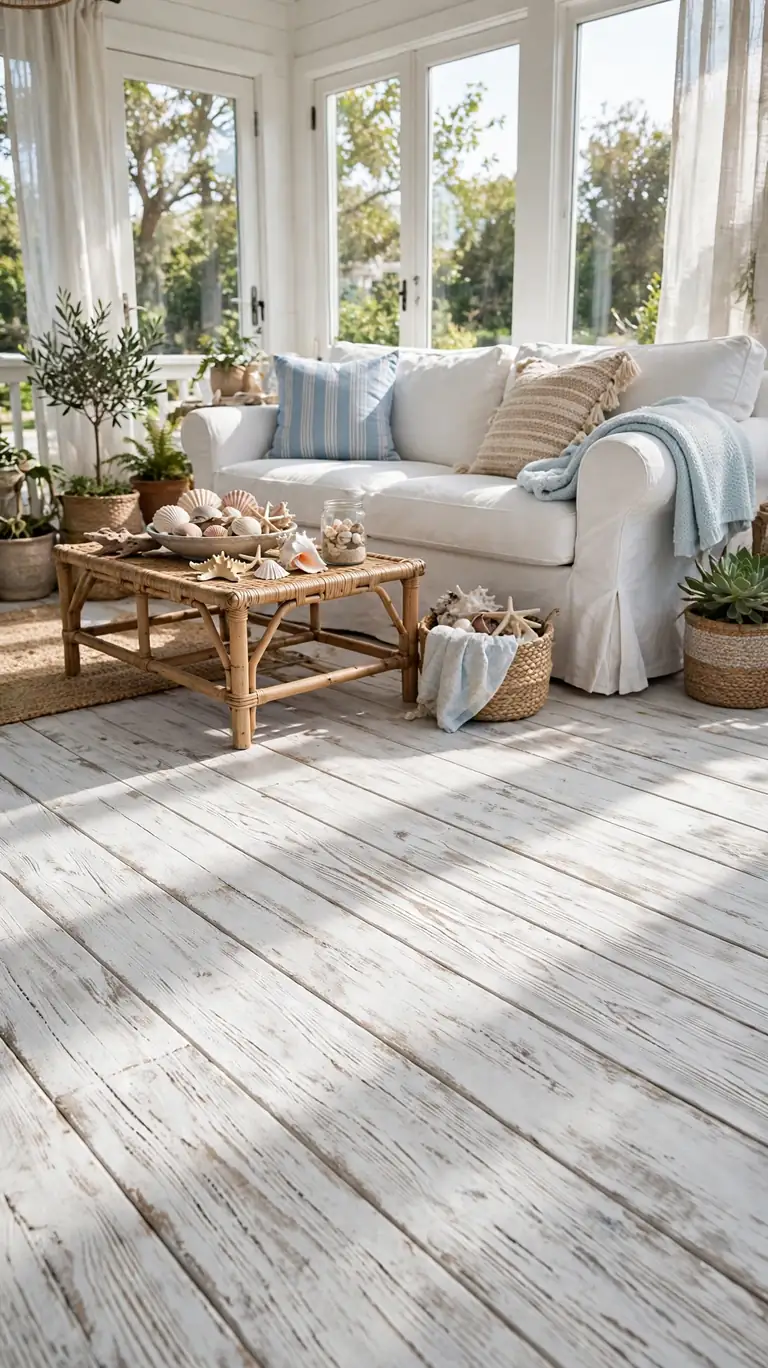 Sunroom with whitewashed wood plank flooring, coastal decor, slipcovered sofa, and seashell accents.