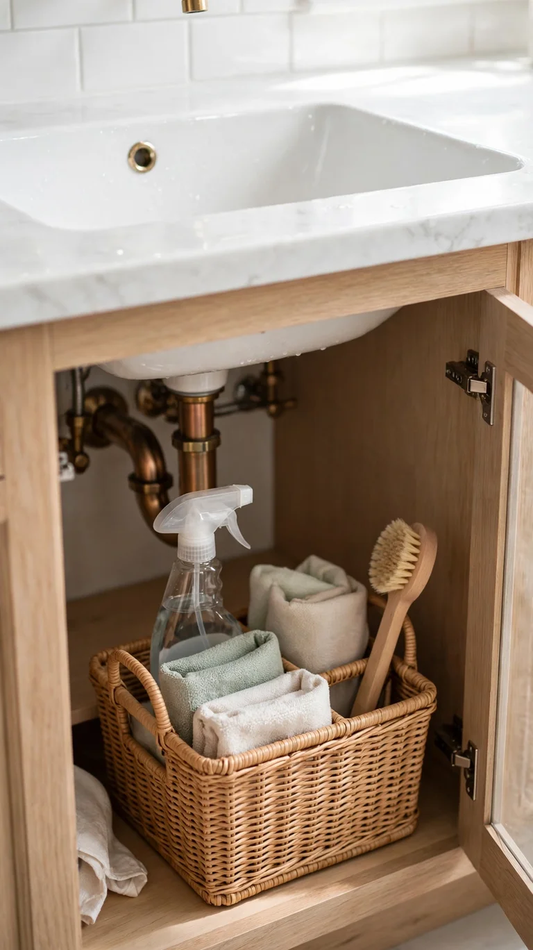 Small cleaning caddy with supplies kept in the bathroom where it is used.