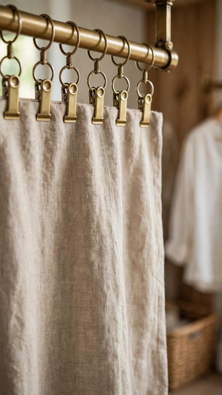 22 Creative Closet Curtain Ideas for a Stylish, Space-Saving Upgrade 23 Close-up of metal clip rings gripping the top of a natural fabric panel on a brass closet rod.