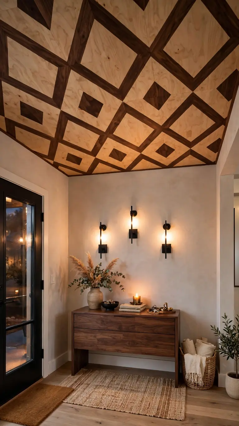 Entryway with a plywood ceiling featuring a geometric diamond inlay in contrasting walnut stain.