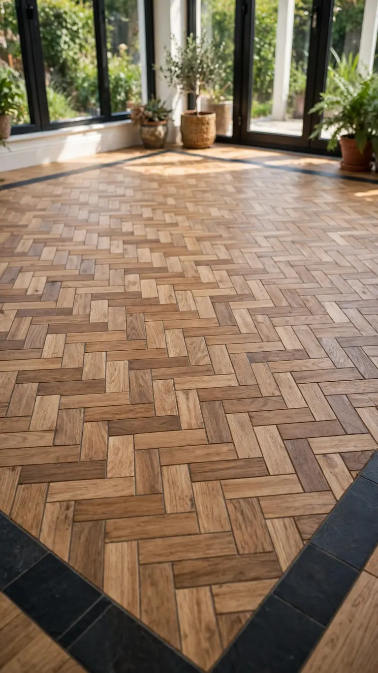 Sunroom floor with herringbone layout tile in wood tones and a contrasting dark border inlay.