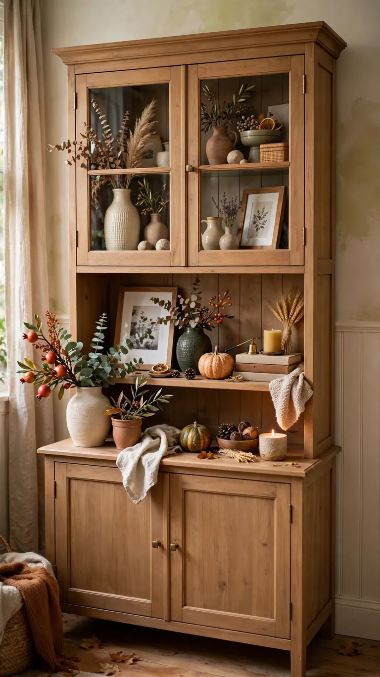 Freshly restyled hutch with a rotated mix of vases, frames, and seasonal accents looking new.
