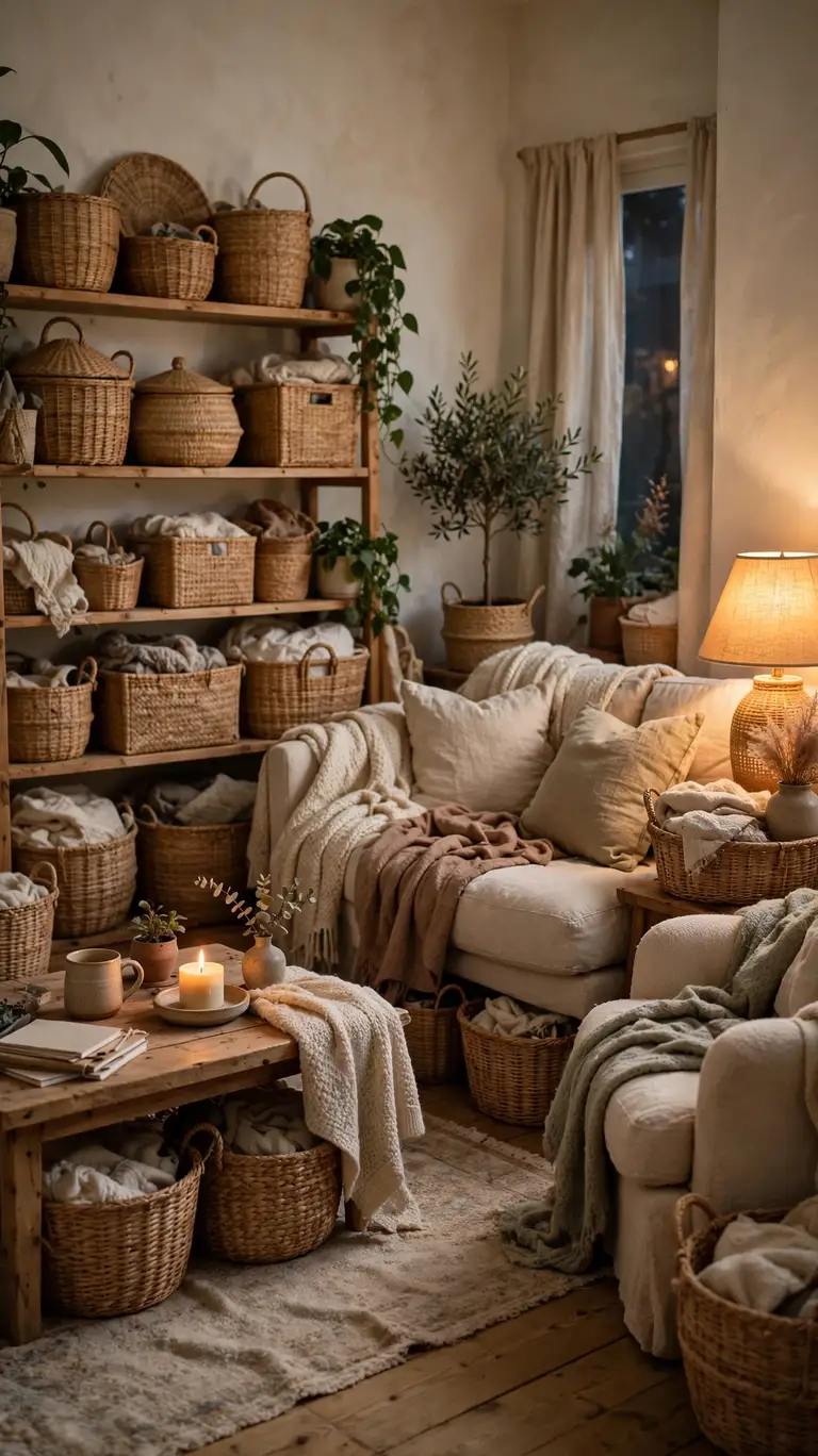 Cozy lived-in living room with forgiving basket storage, calm and welcoming.