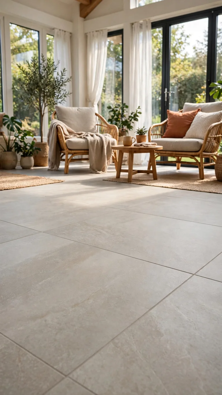 Sunroom with large-format heated tile flooring in light gray, lounge chairs, and a warm cozy atmosphere.