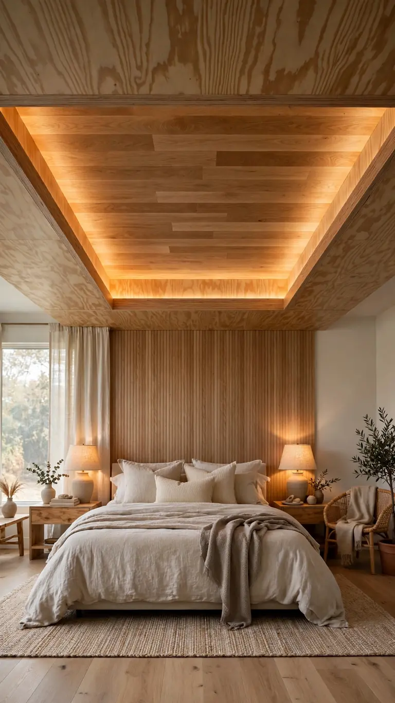 Master bedroom with a plywood tray ceiling, wood-lined recessed center, and glowing cove lighting.