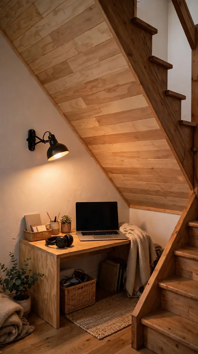 Small under-stairs home office nook with a light stained plywood plank ceiling and compact desk.
