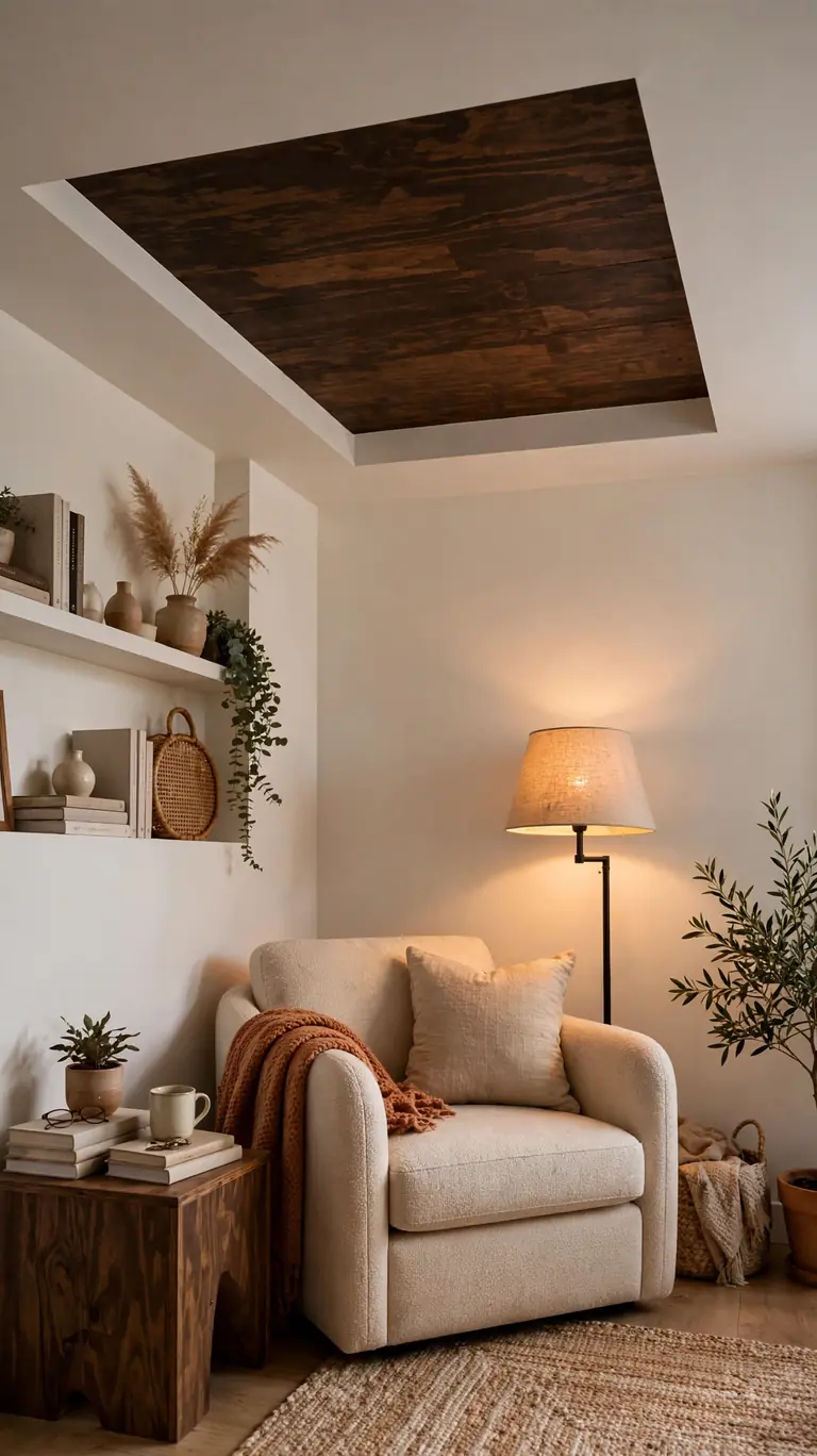 Reading corner with a partial dark stained plywood ceiling accent panel within a white ceiling.