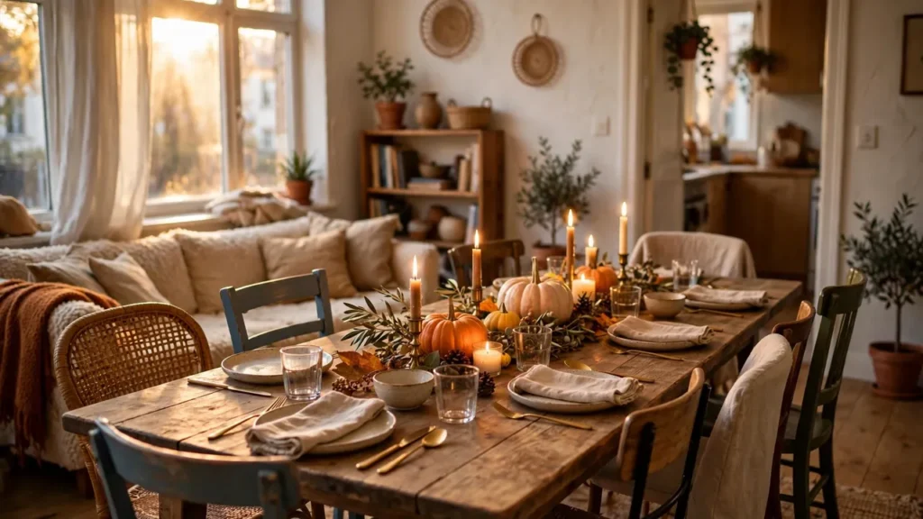 Cozy small living room set up as a Thanksgiving dining space with a long table and mismatched chairs