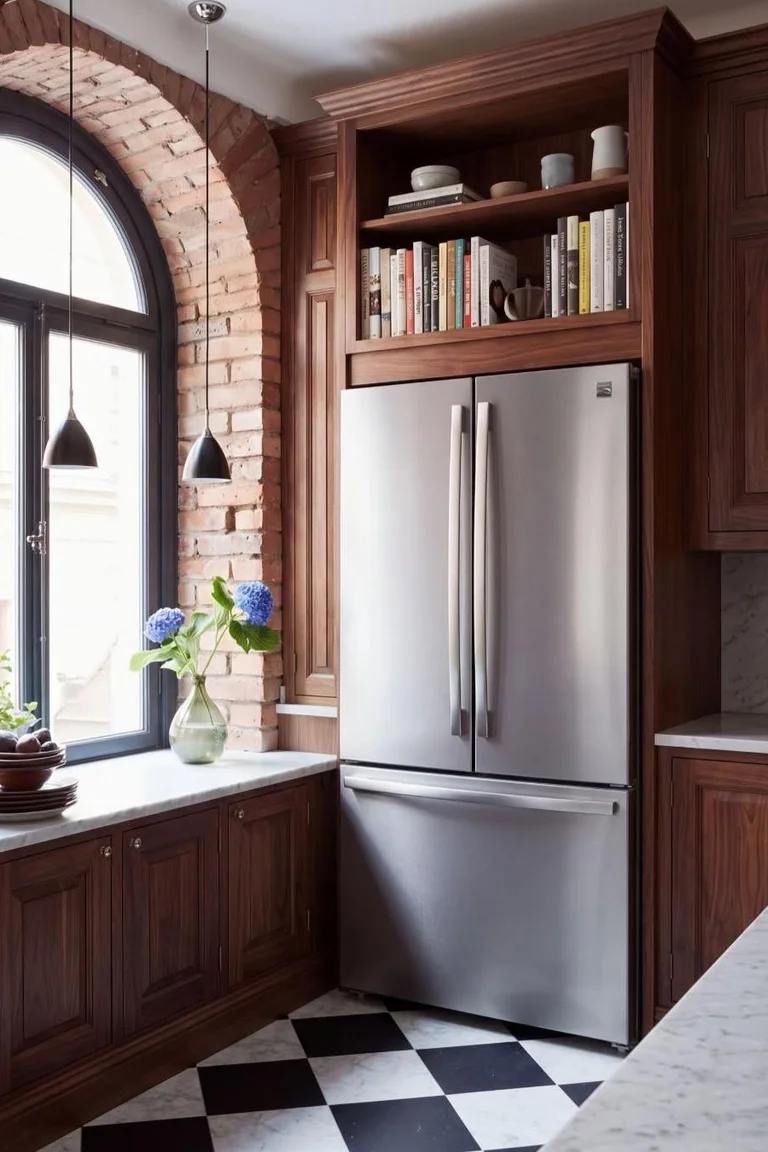 Bright kitchen with a stainless refrigerator and open wood shelving above it holding books, bowls, and a pitcher, beside a brick arch window and wood cabinetry.