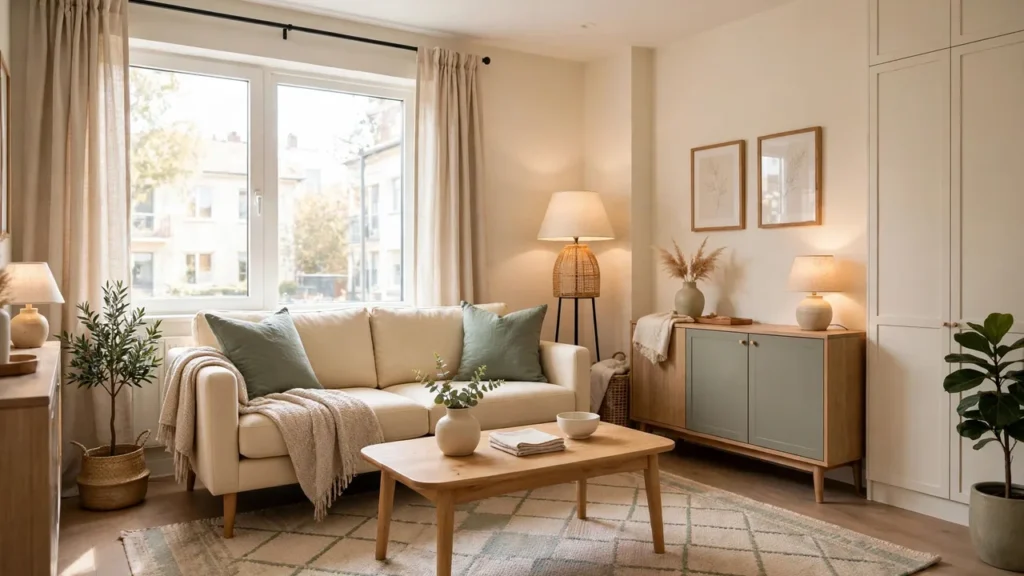 Apartment decorating mistakes fixed in a full living room view with right sized furniture, a large rug, and layered lighting