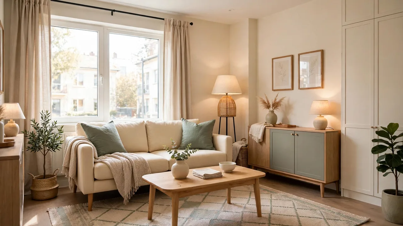 Apartment decorating mistakes fixed in a full living room view with right sized furniture, a large rug, and layered lighting