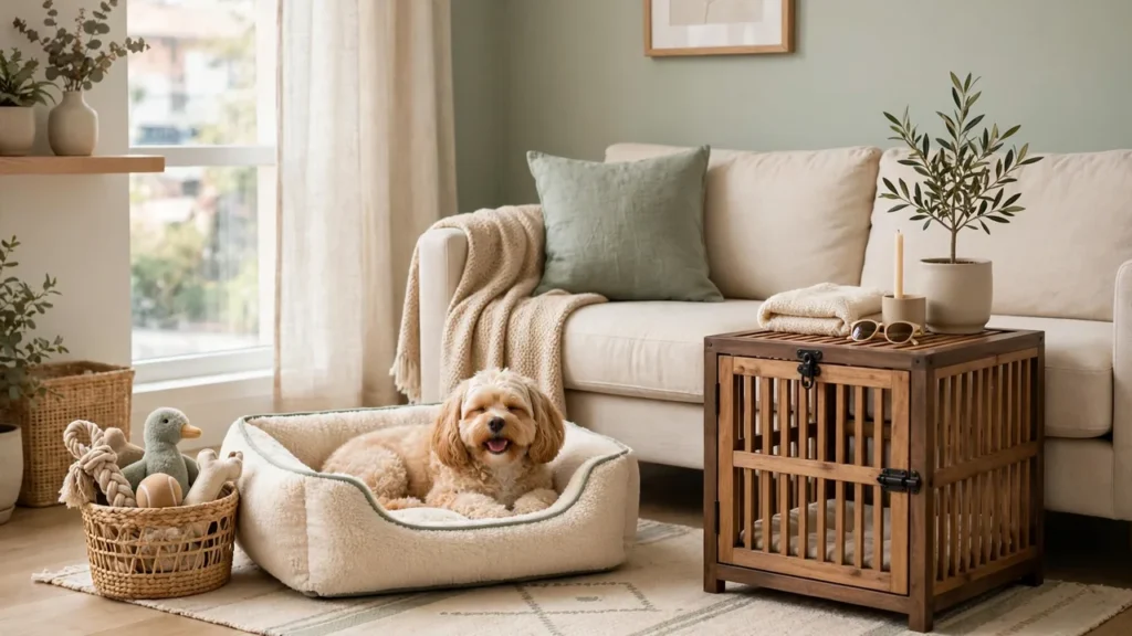 Apartment dog corner ideas with a crate side table, a cozy dog bed, and organized toy storage
