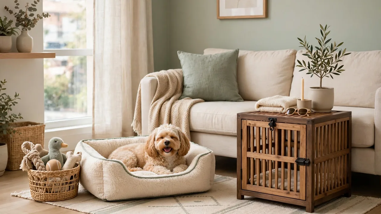 Apartment dog corner ideas with a crate side table, a cozy dog bed, and organized toy storage