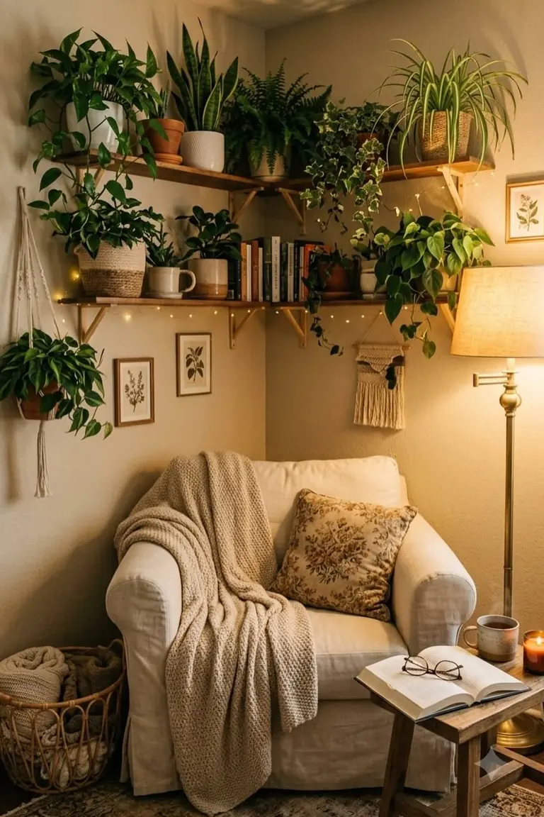 Inviting cozy corner with a cream armchair, a knit throw, a warm floor lamp, plants, and a basket of blankets