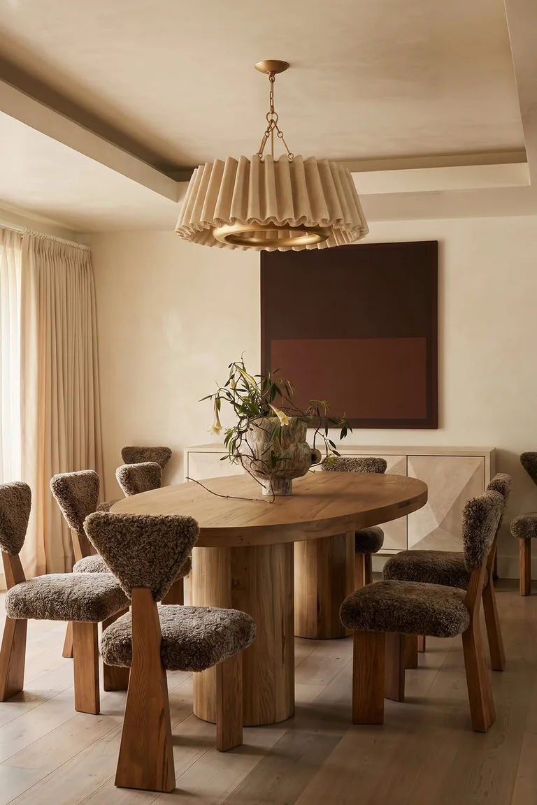 Bright welcoming dining room with a round solid wood table, eight boucle chairs, a pleated pendant light, sheer curtains, and a sideboard
