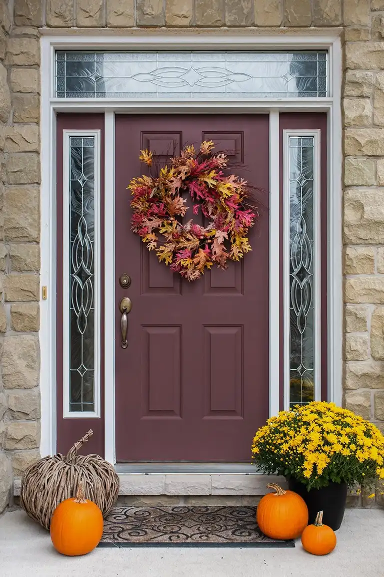 A burgundy six-panel entry door with a large autumn leaf wreath, flanked by decorative glass sidelights and a transom window in a stone facade, with pumpkins and yellow mums on the porch