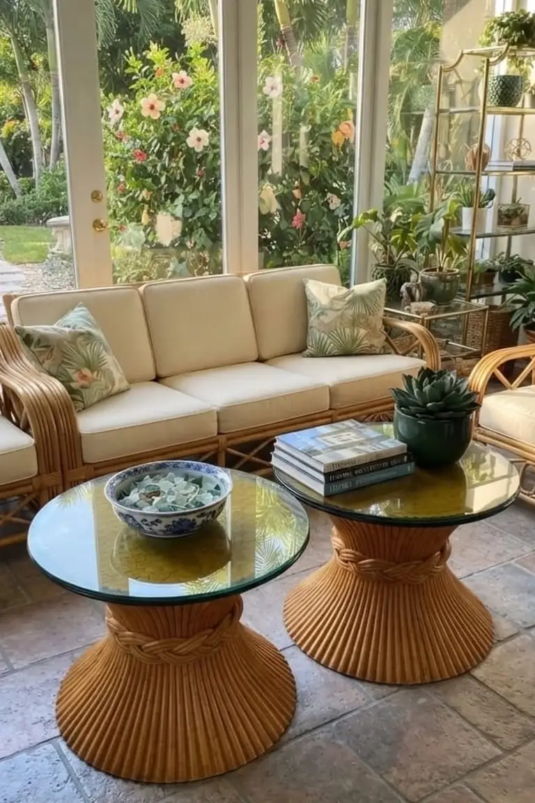 25 Cozy Farmhouse Sunroom Ideas for a Relaxing Retreat 23 Bright sunroom with rattan sofa and armchairs, glass walls, and garden plants