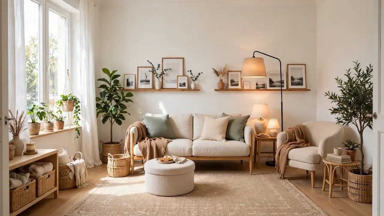 First apartment living room ideas in a full bright room view with a compact sofa, large rug, and layered lighting