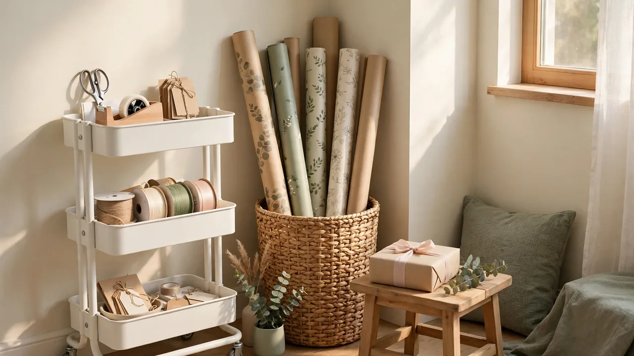Gift wrapping station ideas for a small corner with a rolling cart, paper rolls in a basket, and a wrapped gift