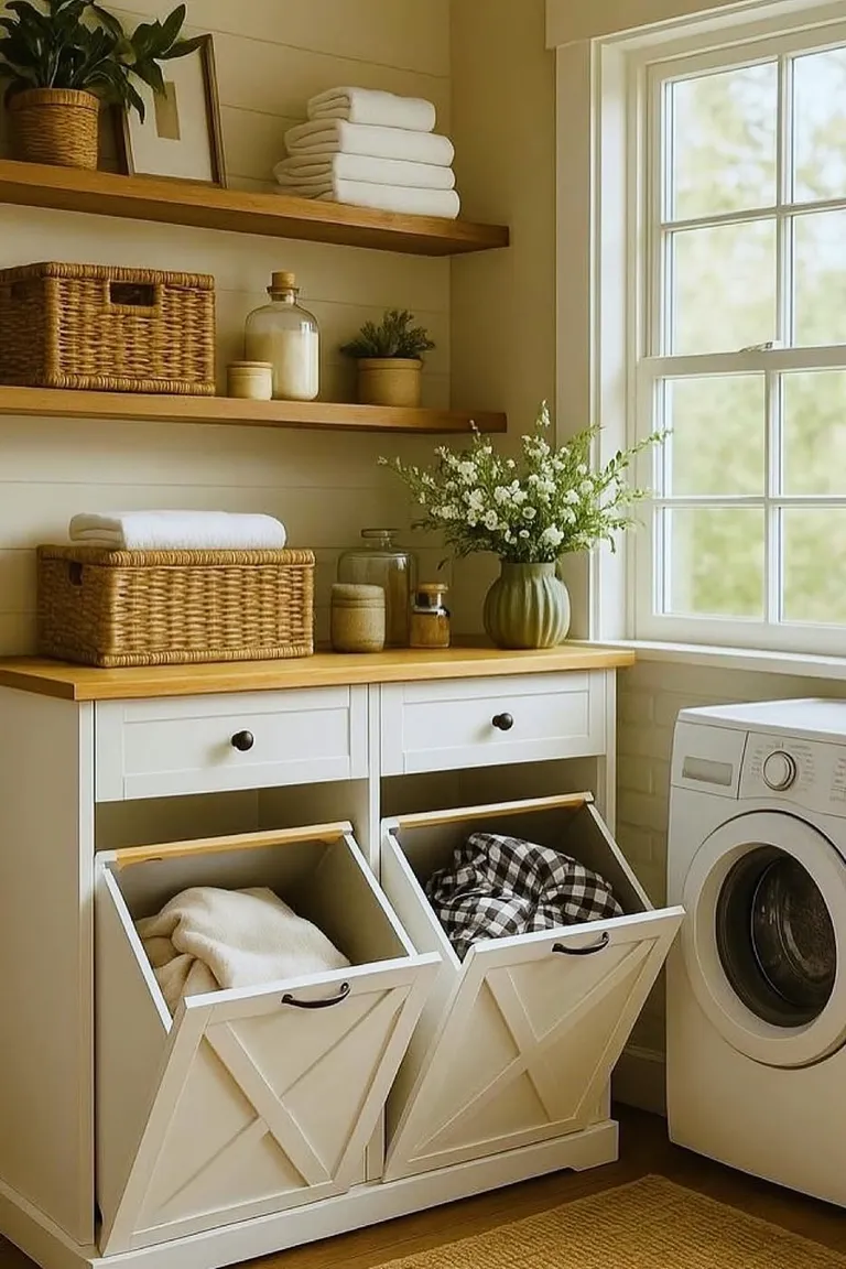 Bright small laundry room with white machines, oak shelves, woven baskets, and sage accents