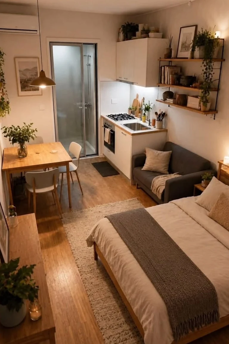 Warm micro studio with a bed, a gray sofa, a wood dining table, and a white kitchenette with hob and sink in one full-room view