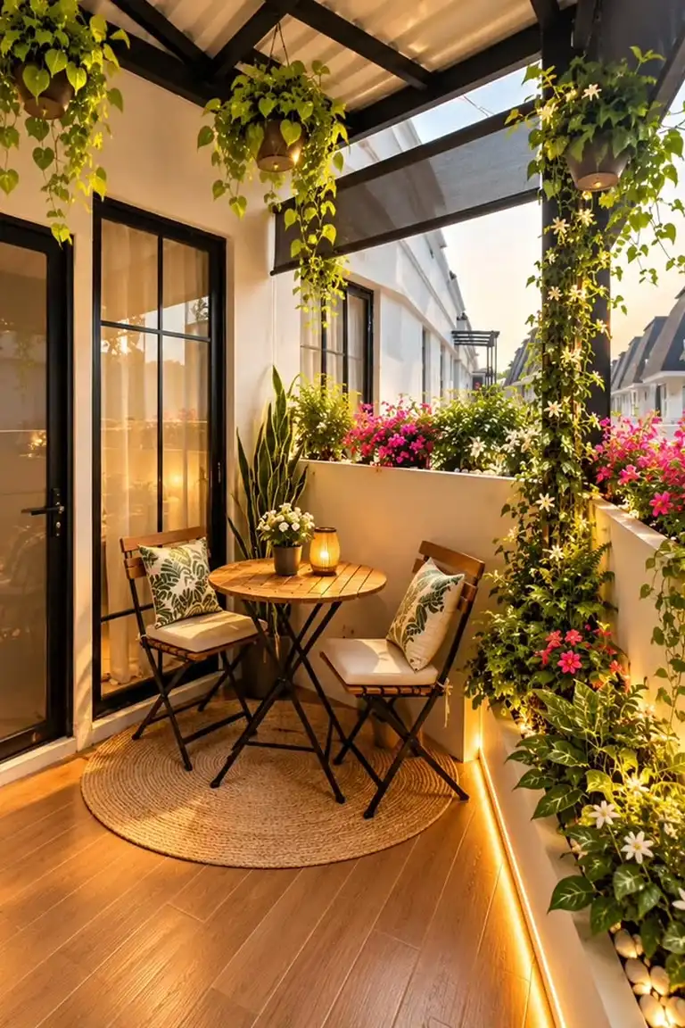 Golden hour balcony with a bistro set on a round jute rug surrounded by potted plants